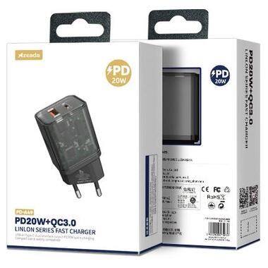 Мережевий зарядний пристрій Proda Xinrui A49 Fast Cherge 20W + Quick Charge 3.0 USB, Type-C PD чорний прозорий фото №4