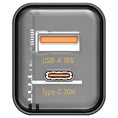 Мережевий зарядний пристрій Proda Xinrui A49 Fast Cherge 20W + Quick Charge 3.0 USB, Type-C PD чорний прозорий фото №2