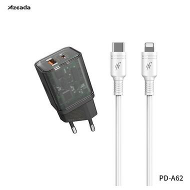 Мережевий зарядний пристрій Proda Xinrui A62 Fast Cherge 20W + Quick Charge 3.0 USB Type-C PD + USB cable чорний прозорий фото №2