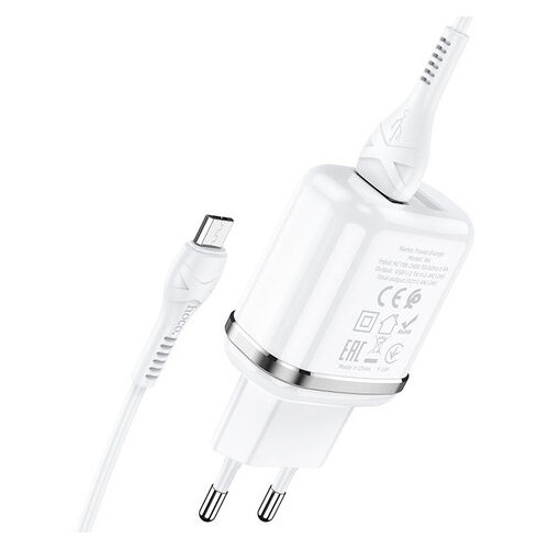 Мережевий зарядний пристрій Hoco N4 (комплект з кабелем MicroUSB) 2USB, 2,4A White фото №2
