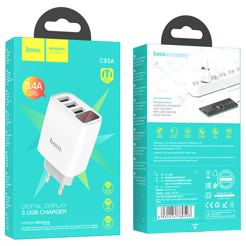 СЗУ Hoco C93A Ease charge 3-port digital display charger Білий фото №5