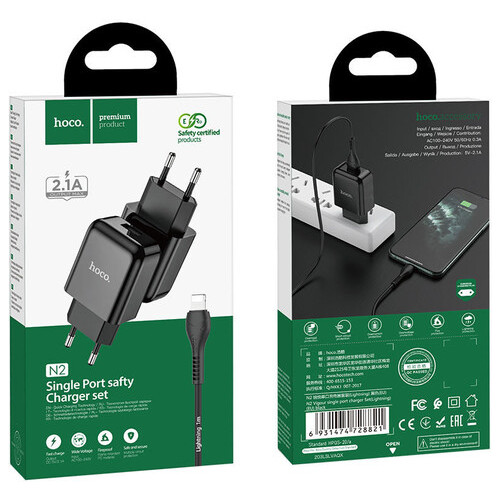 СЗУ Hoco N2 (1USB/2.1A) USB - Lightning Чорний фото №5