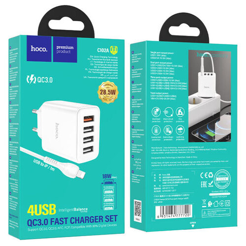Зарядний пристрій Hoco C102A Fuerza QC3.0 four-port charger set(iP) White (6931474777720) фото №8