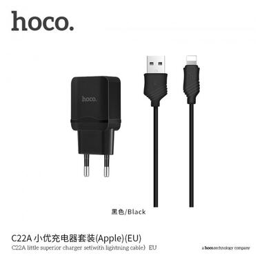 Адаптер мережевий Hoco Lightning cable C22A |1USB, 2.4А| чорний фото №2