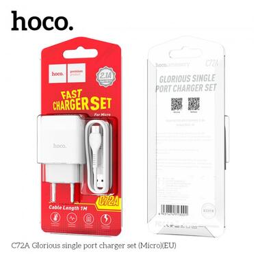 Адаптер мережевий Hoco Micro USB Cable Glorious C72A |1USB, 2.1A| білий фото №3