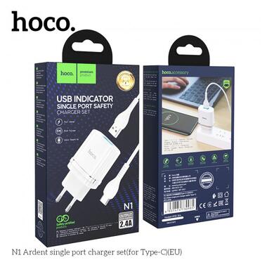 Адаптер мережевий Hoco Type-C Cable Ardent charger set N1 |1USB, 2.4A, 12W| (Safety Certified) білий фото №2