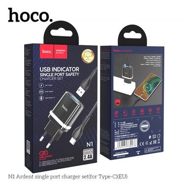 Адаптер мережевий Hoco Type-C Cable Ardent charger set N1 |1USB, 2.4A, 12W| (Safety Certified) чорний фото №5