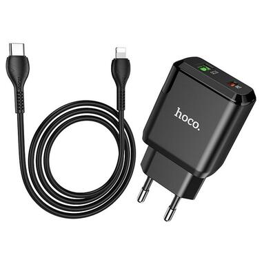 Мережевий зарядний пристрій Hoco N5 (1USB 3A QC3.0 + 1 PD Type-C) Black (S25719) + кабель Lightning фото №1