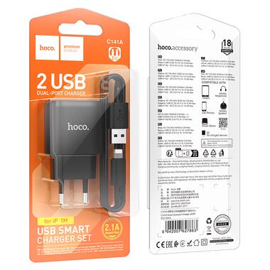 Сетевое зарядное устройство с кабелем HOCO C141A Smart dual-port charger set(iP) Black (6942007627863) фото №2
