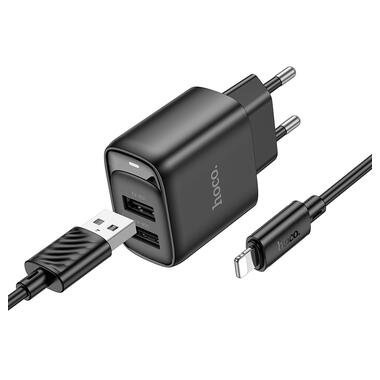 Сетевое зарядное устройство с кабелем HOCO C141A Smart dual-port charger set(iP) Black (6942007627863) фото №1