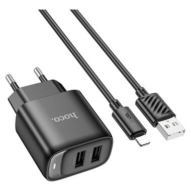 Сетевое зарядное устройство с кабелем HOCO C141A Smart dual-port charger set(iP) Black (6942007627863) фото №3