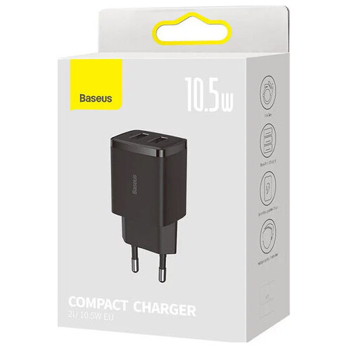 Зарядний пристрій Baseus Compact Charger 2U 10.5W (CCXJ010201) Black (CCXJ010201) фото №3