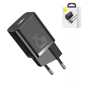 Мережевий зарядний пристрій Baseus Super Si, Quick Charge, 220 В, чорне, USB тип-C, з кабелем USB тип-C до USB тип-C 25 Вт TZCCSUP-L01 фото №1