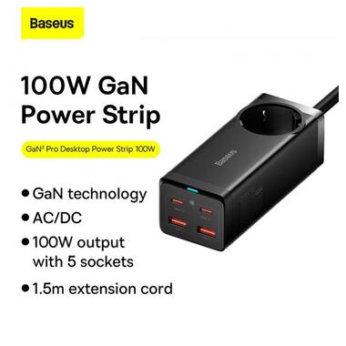 Адаптер мережевий Baseus GaN3 Pro Desktop Powerstrip |AC/2USB/2Type-C, 100W, QC/PD| чорний фото №17