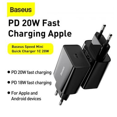 Адаптер мережевий BASEUS Speed Mini Quick Charger 1C |1Type-C, PD/QC,20W, 3A| (CCFS-SN02) чорний фото №10