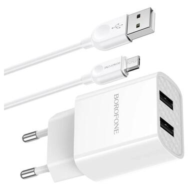 Адаптер мережевий BOROFONE Micro USB Cable Powerway dual port charger set BA53A |2USB, 2.1A| білий фото №1