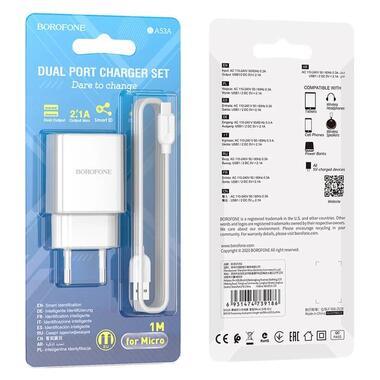 Адаптер мережевий BOROFONE Micro USB Cable Powerway dual port charger set BA53A |2USB, 2.1A| білий фото №4