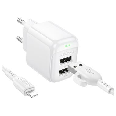 Сетевое зарядное устройство с кабелем BOROFONE BAS41A Potential dual-port charger set(iP) White (6941991113758) фото №3