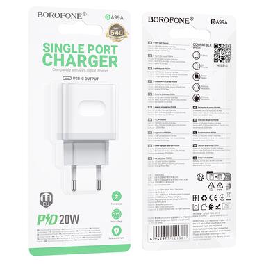 Сетевое зарядное устройство BOROFONE BA99A Breeze single port PD20W charger White (6941991121357) фото №2