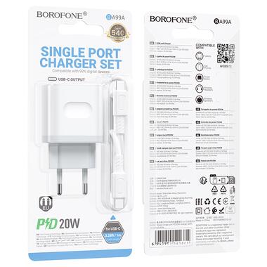 Сетевое зарядное устройство с кабелем BOROFONE BA99A Breeze single port PD20W charger set(C to C) White (6941991121371) фото №2