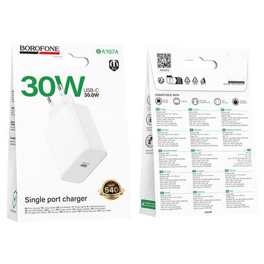 Сетевое зарядное устройство BOROFONE BA107A Stellar single port PD30W charger (EU) White (6941991125348) фото №2