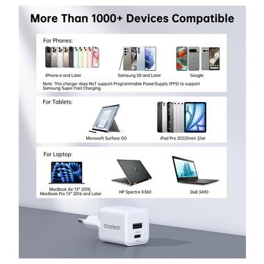 Сетевое зарядное устройство Choetech (USB-C+USB-A) White (PD5012-EU-WH) фото №5