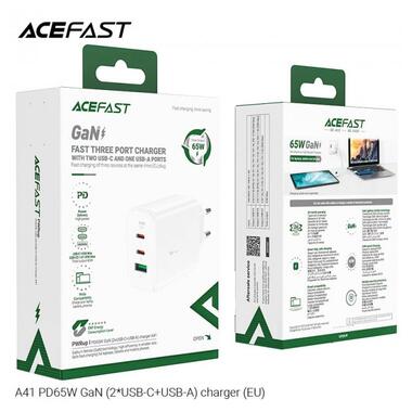 Адаптер мережевий ACEFAST GaN A41 |2Type-C/1USB, 65W/5A, PD/QC| білий фото №4