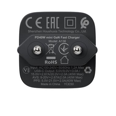 Сетевое зарядное устройство ACEFAST A136 PD40W mini GaN USB-C fast charger Black (6974316286233) фото №6
