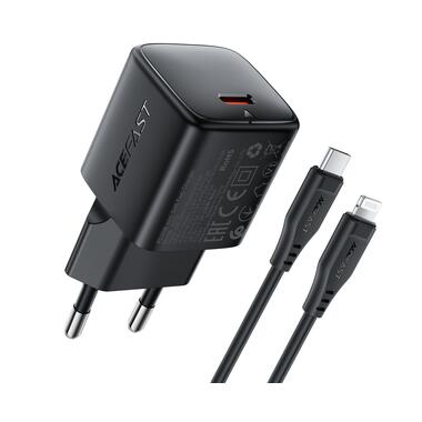 Сетевое зарядное устройство с кабелем ACEFAST A118 PD30W mini GaN USB-C fast charger set (P16) Black (6974316285182) фото №1