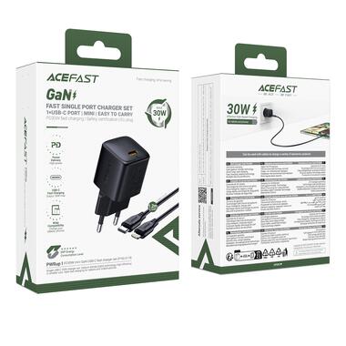 Сетевое зарядное устройство с кабелем ACEFAST A118 PD30W mini GaN USB-C fast charger set (P16) Black (6974316285182) фото №2
