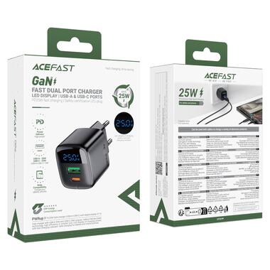 Сетевое зарядное устройство ACEFAST A114 PD25W GaN charger (USB-A+USB-C) with digital display Black (6974316284437) фото №2