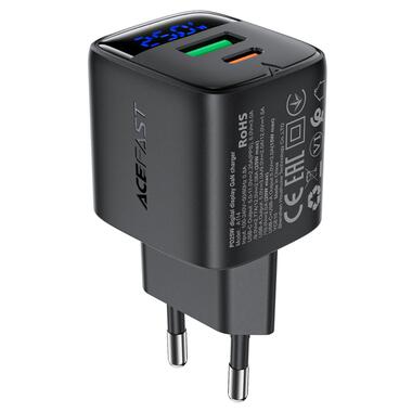 Сетевое зарядное устройство ACEFAST A114 PD25W GaN charger (USB-A+USB-C) with digital display Black (6974316284437) фото №1