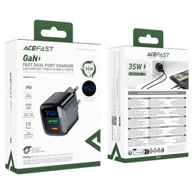 Сетевое зарядное устройство ACEFAST A116 PD35W GaN charger (USB-A+USB-C) with digital display Black (6974316284468) фото №2
