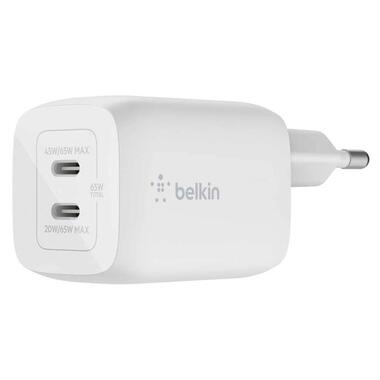 Зарядний пристрій мережевий Belkin 65Вт 2хUSB-С GAN PD PPS білий (WCH013VFWH) фото №1