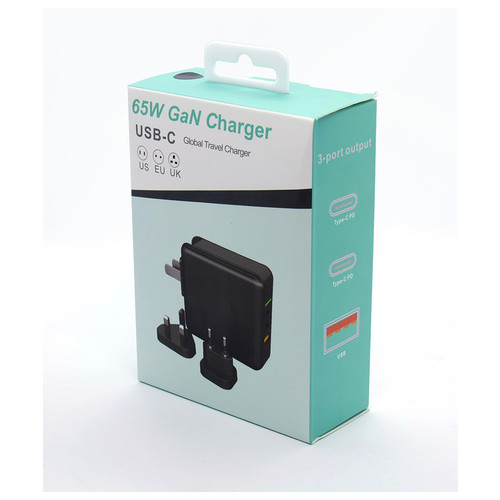 Зарядний пристрій HQ-Tech 65W GaN Global Travel Charger, 3-Port USB, PD, 65W, AC220V, Black, Box фото №8