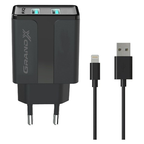 Зарядний пристрій Grand-X (1хUSB 2.4A) Black (CH15LTB) кабель Lightning фото №1