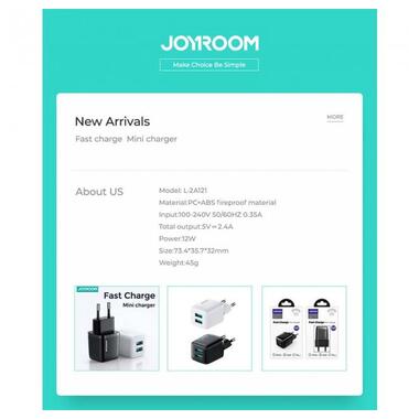 Адаптер мережевий JOYROOM Mini dual Port smart fast charge L-2A121 |2USB, 2.4A| білий фото №2