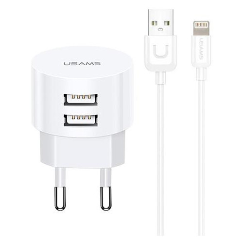 Зарядний пристрій 2USB Usams T20 2.1A White cable USB-Lightning U35 фото №1