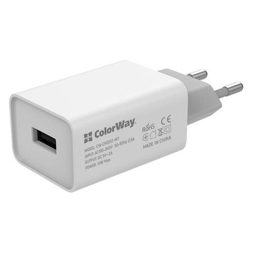Мережевий зарядний пристрій ColorWay AutoID (1USBx2A) White (CW-CHS012-WT) фото №1