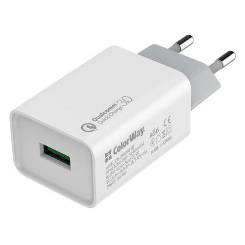 Мережевий зарядний пристрій ColorWay QC3.0 (1USBx3A) White (CW-CHS013Q-WT) фото №1