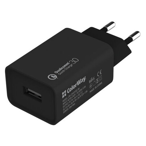 Зарядний пристрій ColorWay (1USBx3A) QC3.0 Black (CW-CHS013QCC-BK) кабель USB Type-C фото №1
