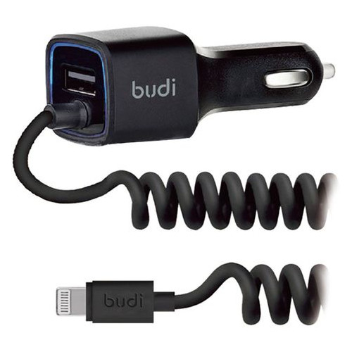 Автомобильное зарядное устройство Budi Car charger Blue Led Lightning 1.2 m + 1USB 2.4A Black фото №1