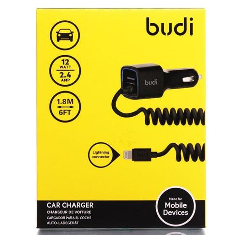 Автомобильное зарядное устройство Budi Car charger Blue Led Lightning 1.2 m + 1USB 2.4A Black фото №2