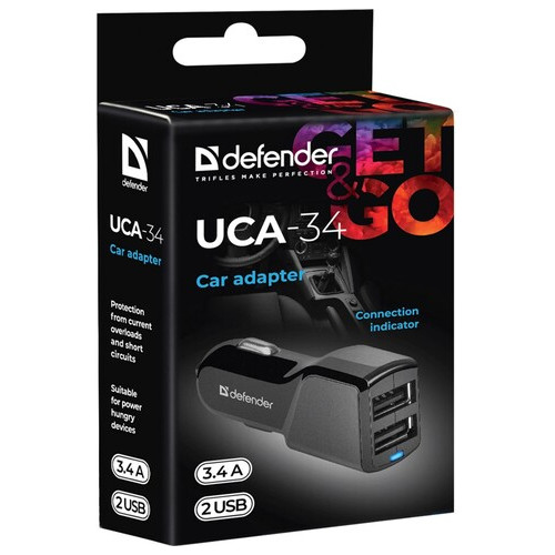 Автомобільний зарядний пристрій 2 USB 3.4A Defender UCA-34 чорний (83834) фото №3