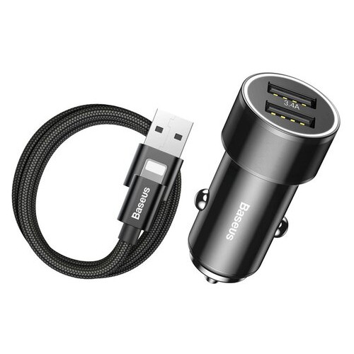 Комплект автомобильное ЗУ + кабель lightning Baseus Small Screw 3.4A Dual-USB черный фото №1