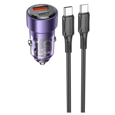 Автомобільний зарядний пристрій BOROFONE BZ20 Smart 38W dual port PD20W+QC3.0 car charger set(C to C) Transparent Purple фото №1