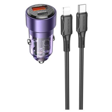Автомобільний зарядний пристрій BOROFONE BZ20 Smart 38W dual port PD20W+QC3.0 car charger set(C to iP) Transparent Purple фото №1