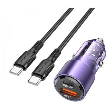 Автомобільний зарядний пристрій BOROFONE BZ20A Smart 83W dual port PD65W+QC3.0 car charger set(C to C) Transparent Purple фото №1
