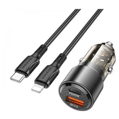 Автомобільний зарядний пристрій BOROFONE BZ20A Smart 83W dual port PD65W+QC3.0 car charger set(C to iP) Transparent Black фото №1