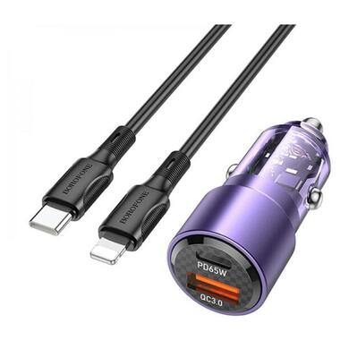 Автомобільний зарядний пристрій BOROFONE BZ20A Smart 83W dual port PD65W+QC3.0 car charger set(C to iP) Transparent Purple фото №1